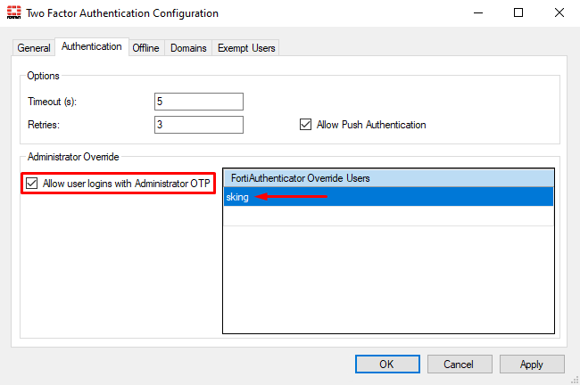 Administrator override configuration on FortiAuthenticator agent
