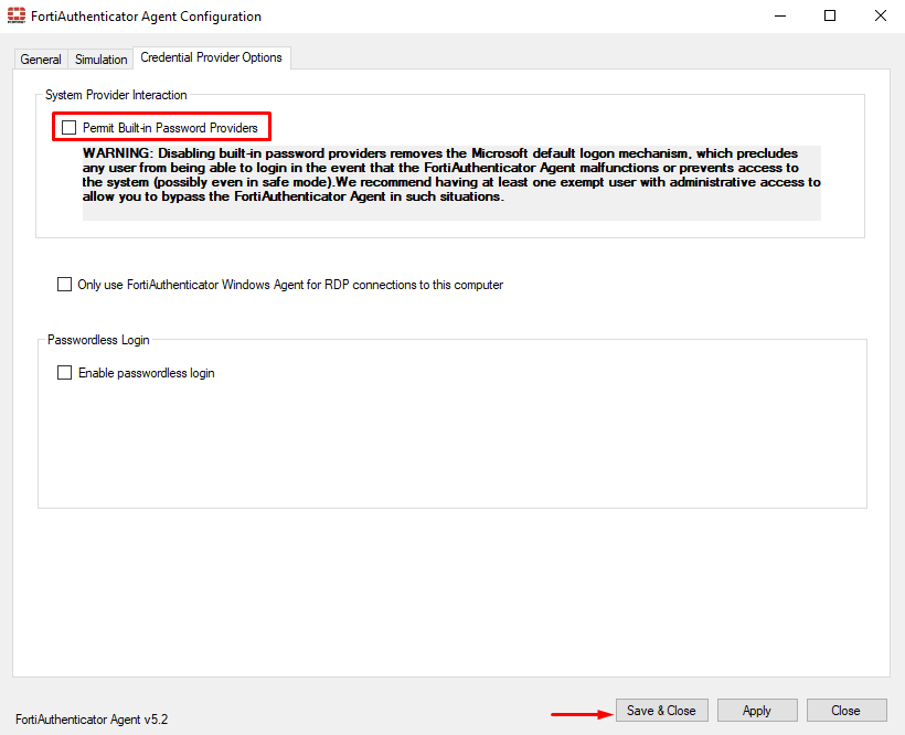 Disable permit built-in password providers on FortiAuthenticator agent