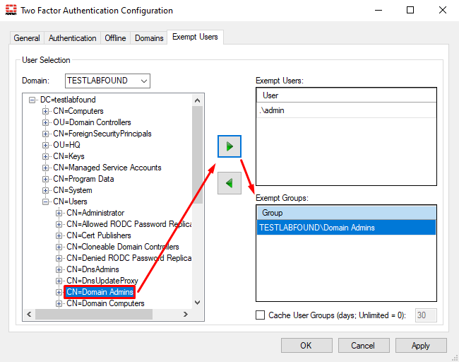 Domain group as exempt group on FortiAuthenticator agent
