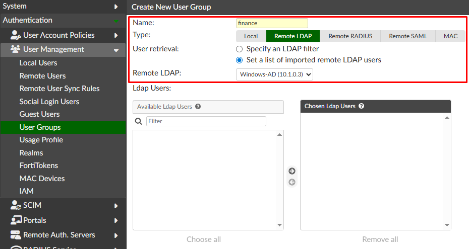 Create new remote LDAP user group on FortiAuthenticator