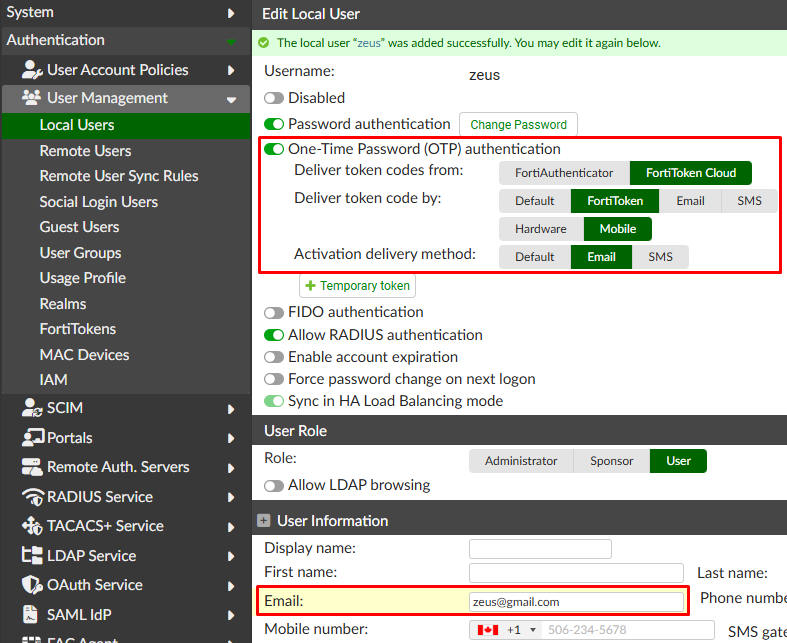 Enable OTP for local user on FortiAuthenticator