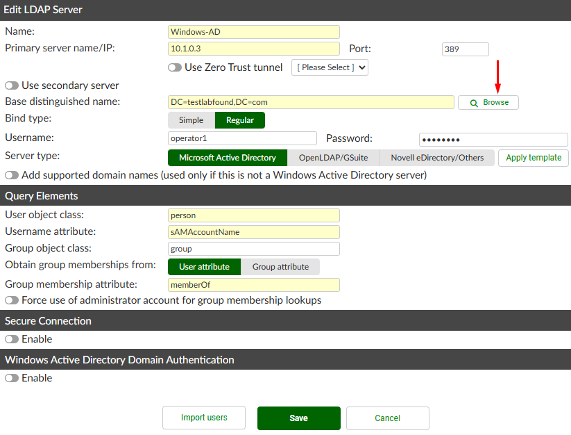 LDAP Server browse option on FortiAuthenticator