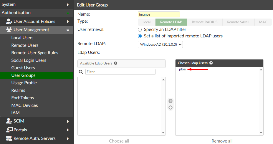 LDAP user group with synched user on FortiAuthenticator
