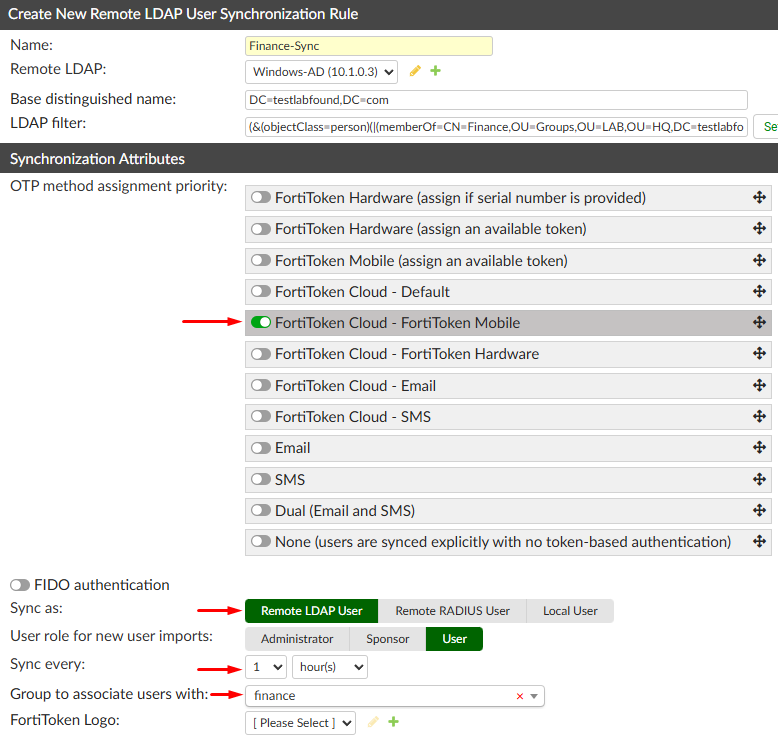 Enable FortiToken Cloud on LDAP user sync rule on FortiAuthenticator