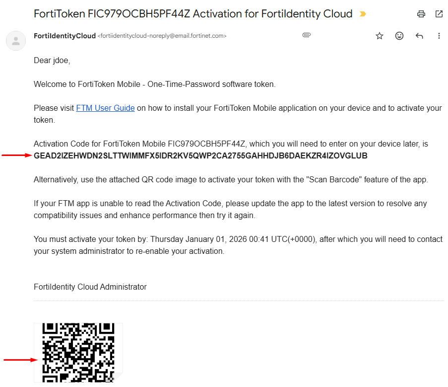 Mail for activating FortiToken