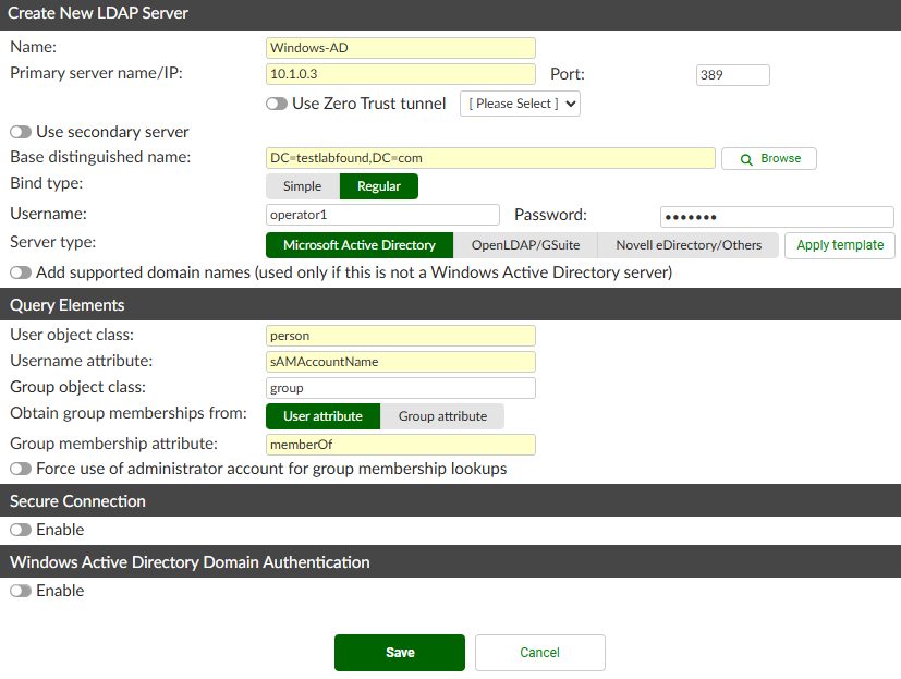 New LDAP server configuration on FortiAuthenticator