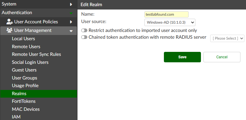 New Realm for Windows AD on FortiAuthenticator