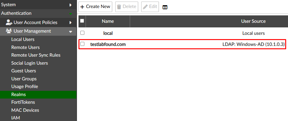 Realms listed on FortiAuthenticator