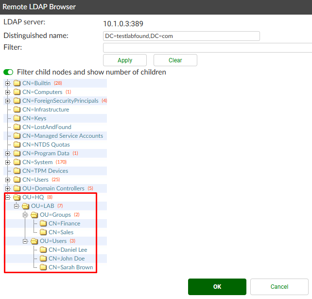 Remote LDAP Server browser on Fortiauthenticator
