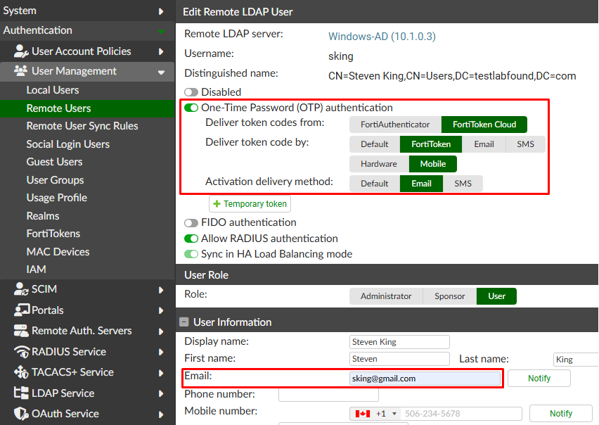 Enable OTP on remote LDAP user on FortiAuthenticator