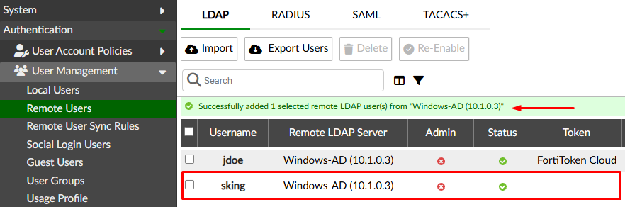 Remote LDAP user imported on FortiAuthenticator
