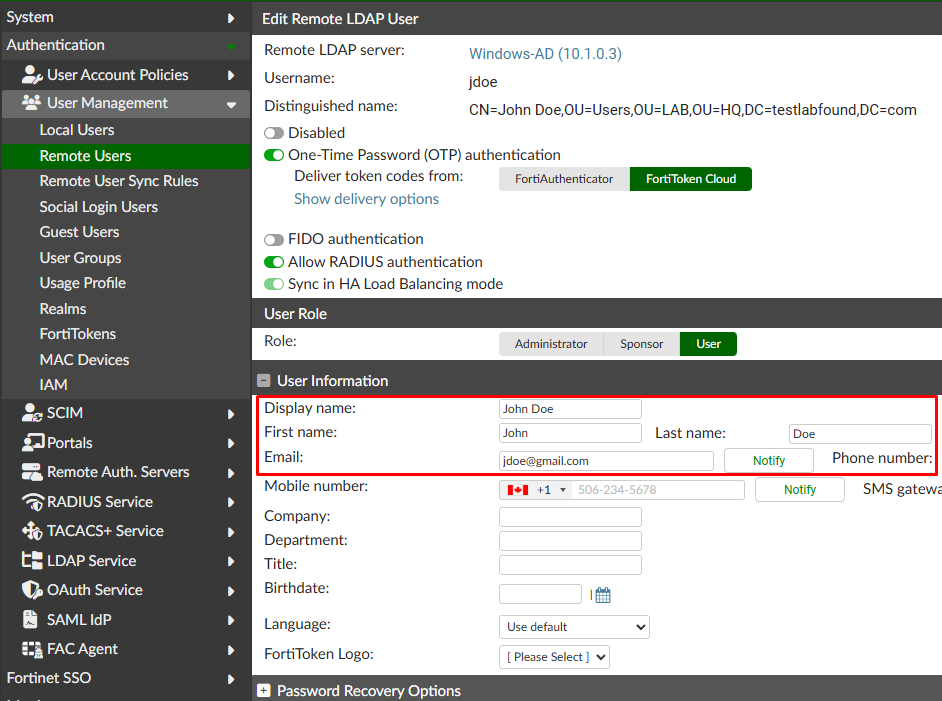 Synched information of remote LDAP user on FortiAuthenticator