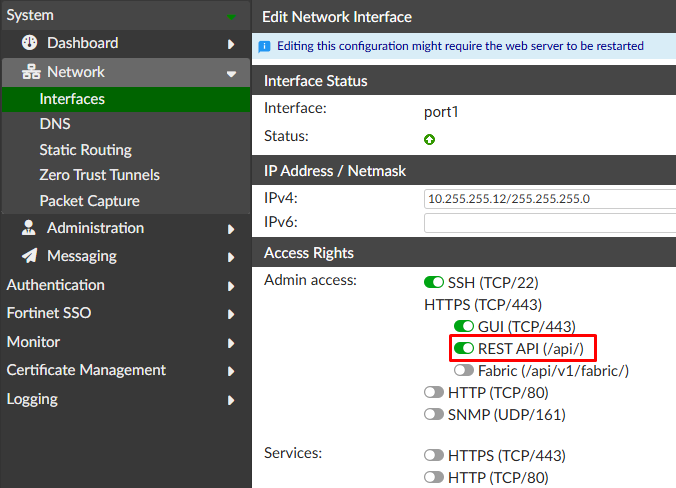 REST API admin access enabled on FortiAuthenticator