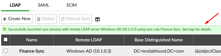 Sync process launched on FortiAuthenticator