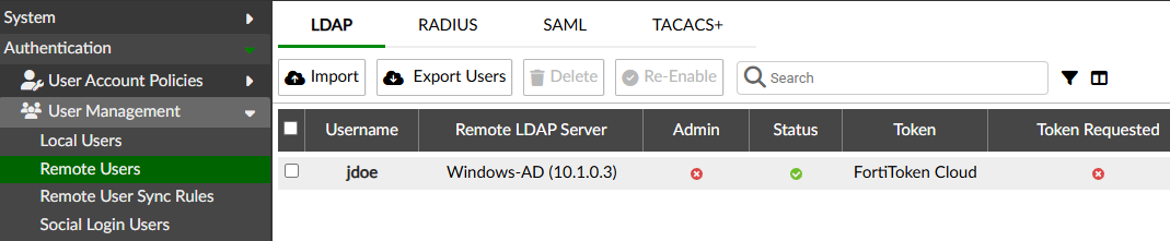 Synched remote LDAP users on FortiAuthenticator