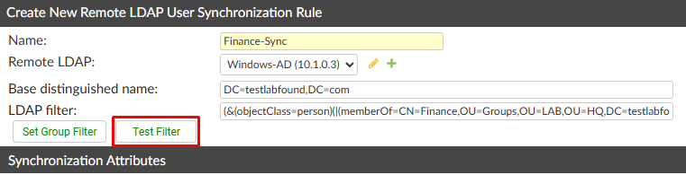 Test filter on FortiAuthenticator