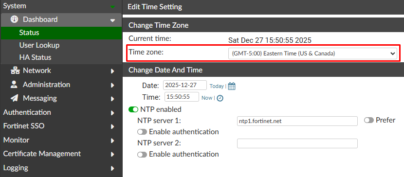 Time zone on FortiAuthenticator
