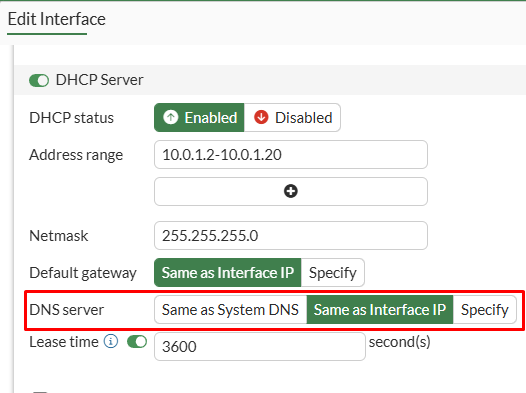 Configure DHCP service with DNS server set to interface IP on FortiGate