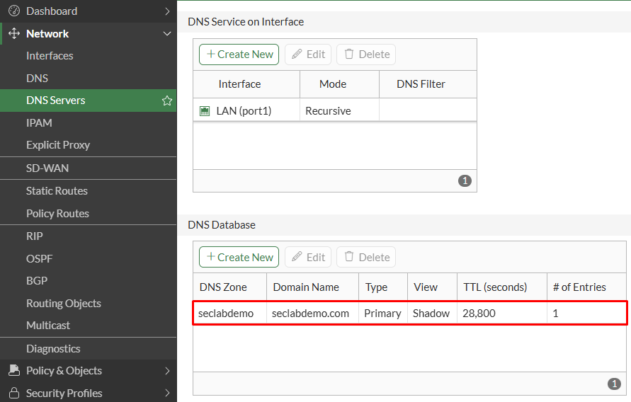 DNS database configured on FortiGate