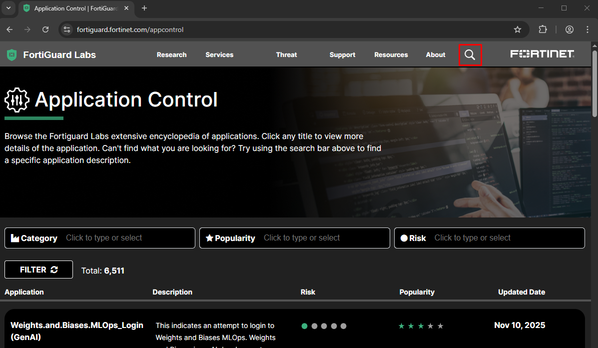 Search application on FortiGuard Labs