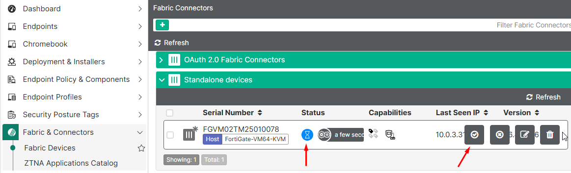 EMS Fabric Device FortiGate in pending status