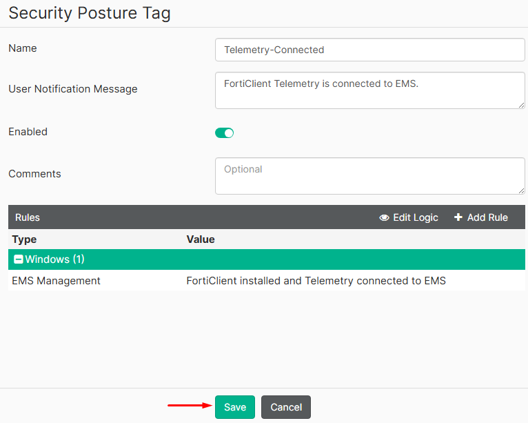 Security posture tag on FortiClient EMS for verifying EMS management