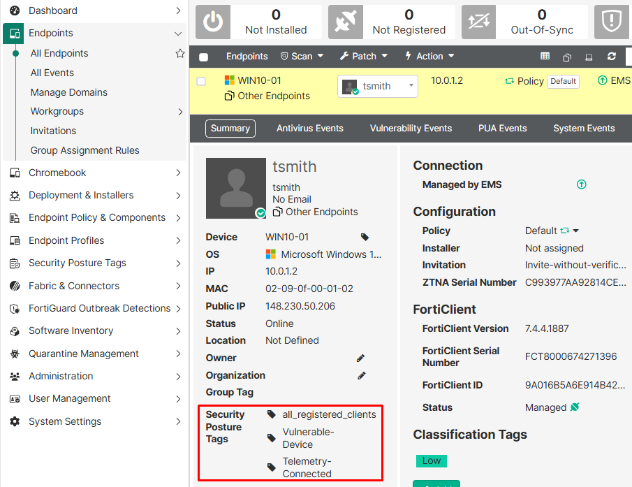 Security Posture tag endpoint details on FortiClient EMS