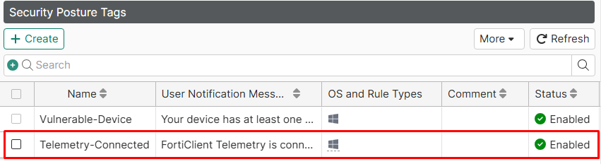 Security posture tag list on FortiClient EMS