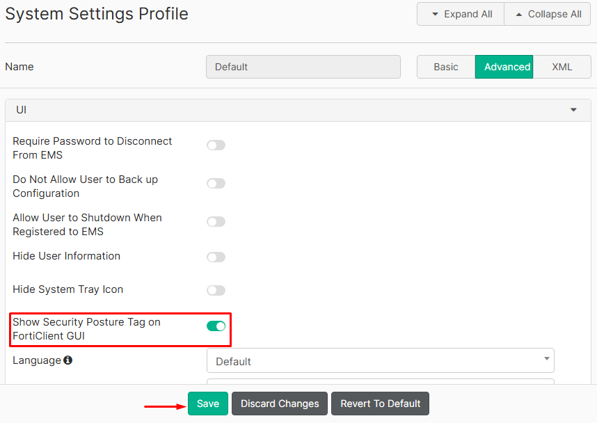 Show Security Posture tag on FortiClient GUI - FortiClient EMS System Settings profile