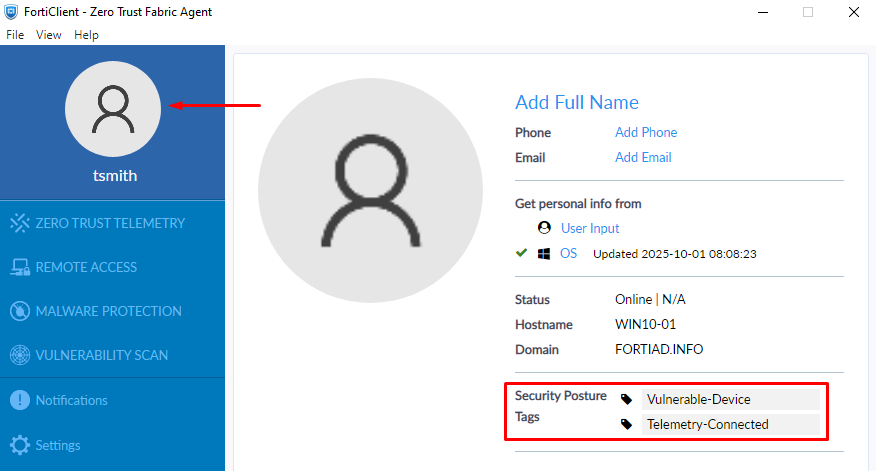 Security posture tags visible on FortiClient