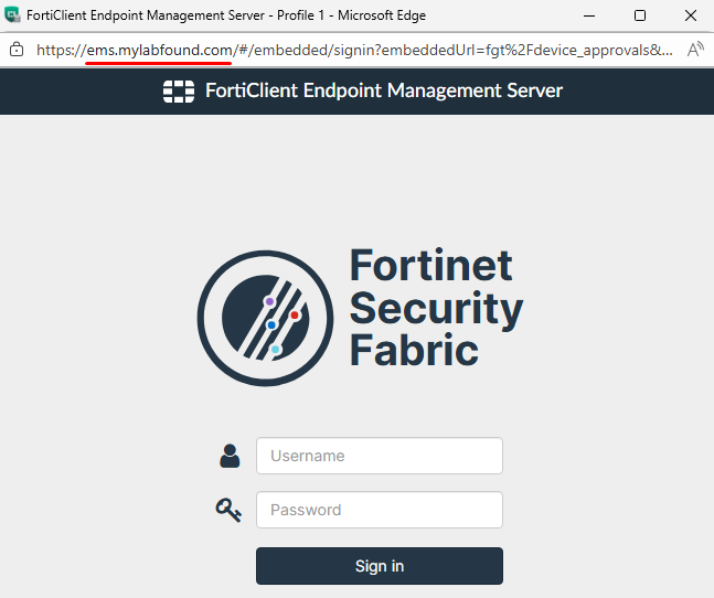Login for authorizing EMS Fabric connector on FortiGate