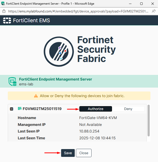 Authorize EMS Fabric connector on FortiGate verification