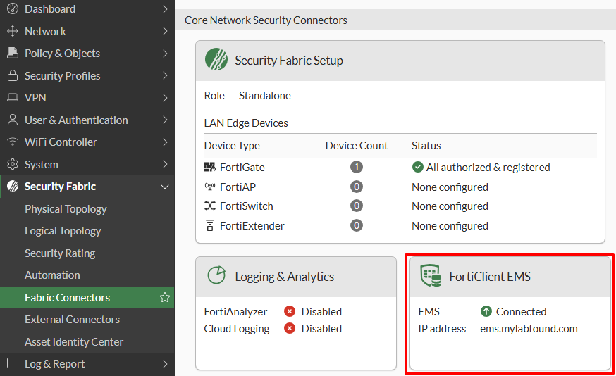 EMS Fabric Connector authorized on FortiGate