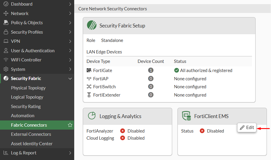 EMS Fabric Connected disabled on FortiGate