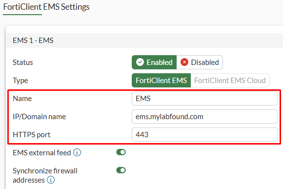 FortiClient EMS connector configuration on FortiGate