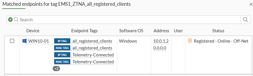 Matched Endpoint details for a security posture tag on FortiGate