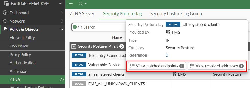 FortiGate Security Posture tags received from EMS