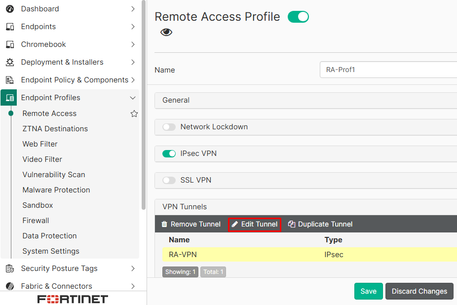 Edit Tunnel of remote access profile on FortiClient EMS