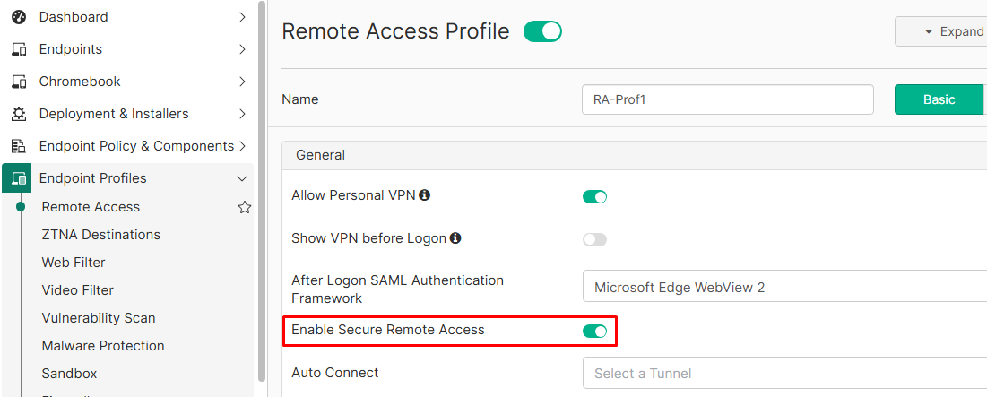 Enable Secure Remote Access enabled on Remote Access Profile on FortiClient EMS