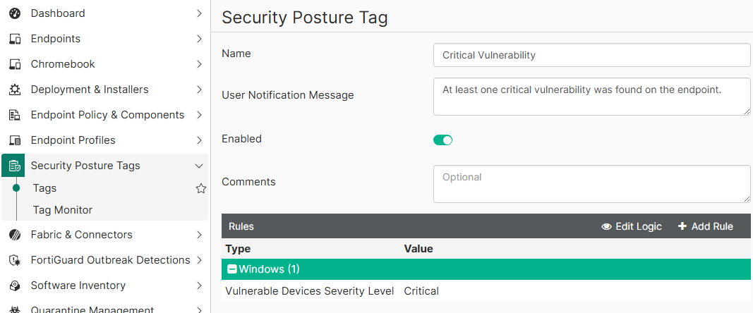 Configuring security posture tag for critical vulnerability on FortiClient EMS