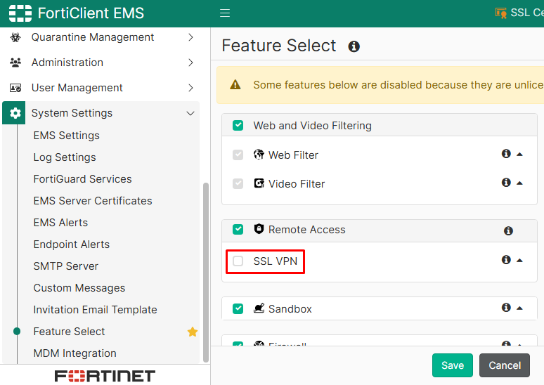 Enabling SSL VPN feature visibility on FortiClient EMS