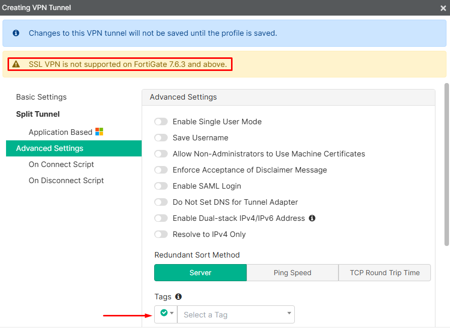 EMS SSL VPN not supported warning on FortiGate 7.6.3