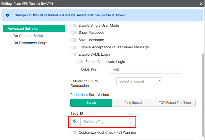 Tag enforcement configuration on VPN tunnel of FortiClient EMS