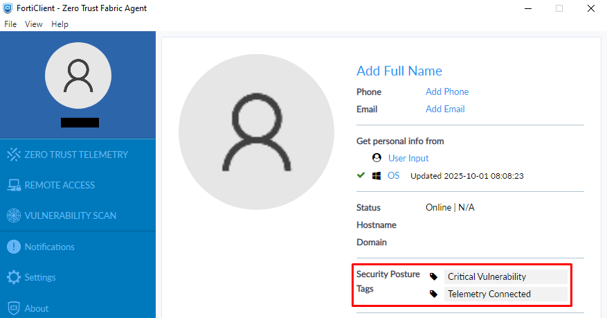 FortiClient tagged with security posture tag of Critical Vulnerability