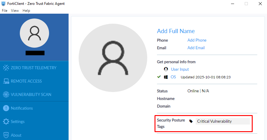 FortiClient tagged with security posture tag of Critical Vulnerability