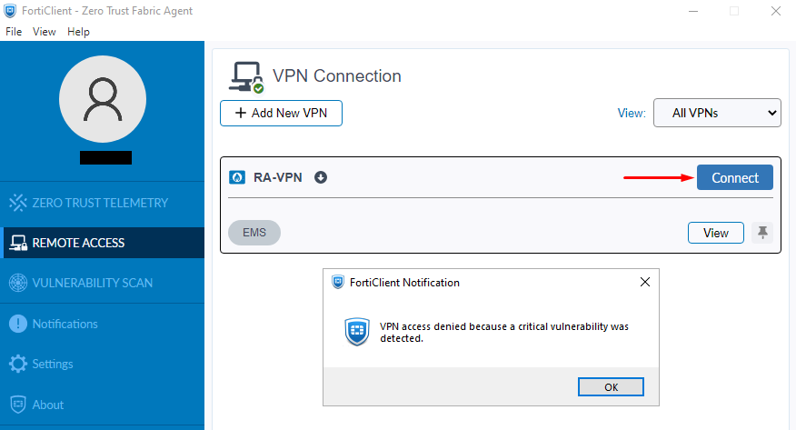 VPN connection blocked because tag enforcement on FortiClient
