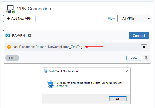 VPN disconnected because of tag enforcement - NotCompliance_Ztna Tag