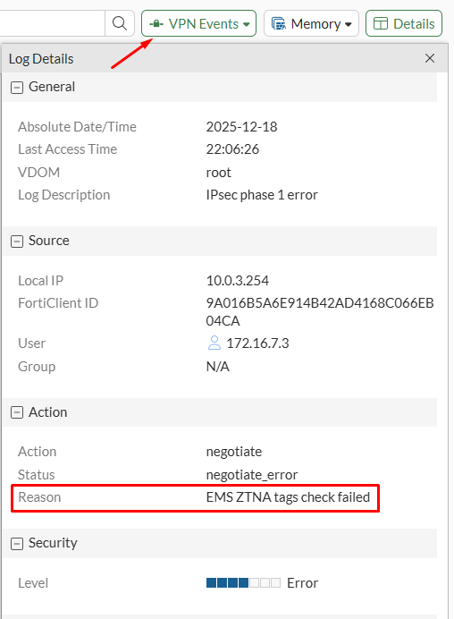 FortiGate VPN event log details error because of ZTNA tag check failed