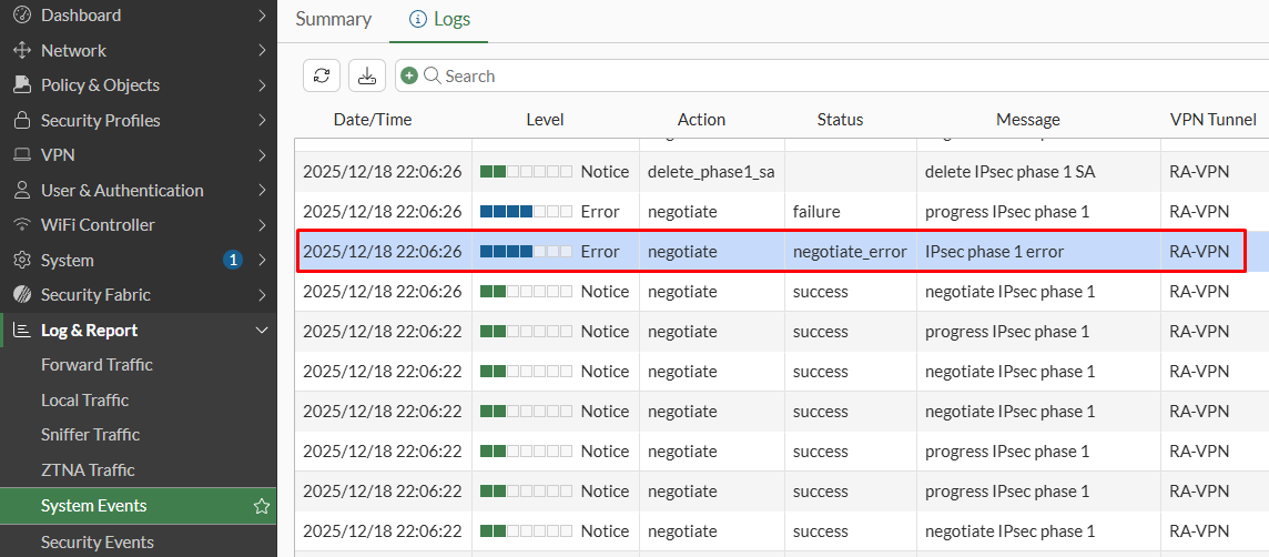 FortiGate VPN event logs error because of ZTNA tag check failed