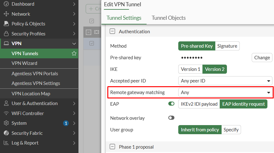 VPN tunnel, remote gateway matching Any on FortiGate